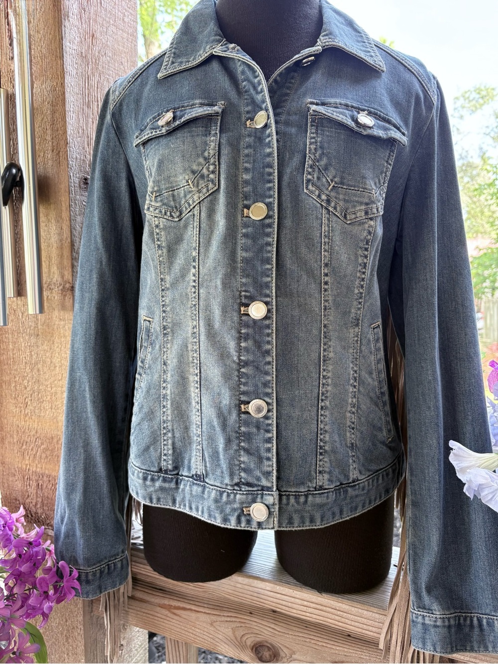 Chico’s Denim Blue Jean Western/Festival Faux Suede Long Fringed Jacket NWT S - Picture 3 of 12